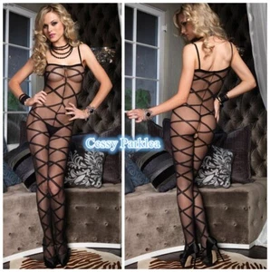 SN-E2-1 Criss Cross Bodystocking Black Sheer Open Crotch Adult Crotchless - Bild 1 von 1