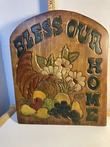Wood Folk Art Hand Carved/Hand Painted Bless Our Home Wall Plaque 13.25” X 11” - Picture 1 of 2