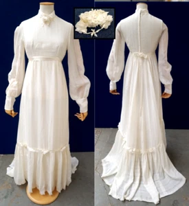 Wedding Dress Headpiece Size UK 8 Empire Waist Train Vintage 1960s - 1970s - Picture 1 of 13