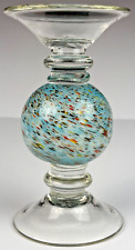 VINTAGE Candle Holder Seascape Blue Bubble Blown Glass Pedestal Pillar 9 in Tall