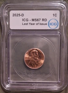 2025-D MS 67 RD Lincoln Shield Cent (Penny) ICG Last Year of Issue  - Picture 1 of 2