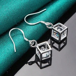925 Sterling Silver Cube Dangle Earrings Square Crystal Drop Pendant Charm New - Picture 1 of 5