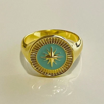 Gorjana Nuevo Anillo Talla 6 Chapado en Oro 18k Brújula Latón y Esmalte Turquesa  Foto 1 de 4