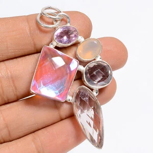 Mystic Quartz Tourmaline Gemstone Fashion 925 Silver Pendant 2.3" ARP-5559 - Picture 1 of 3