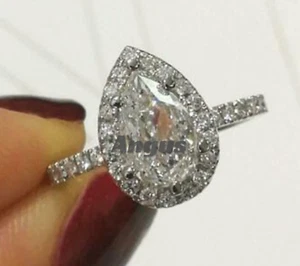 3.60 Ct Pear Cut Moissanite Solitaire Halo Engagement Ring Solid 14k White Gold - Picture 1 of 5