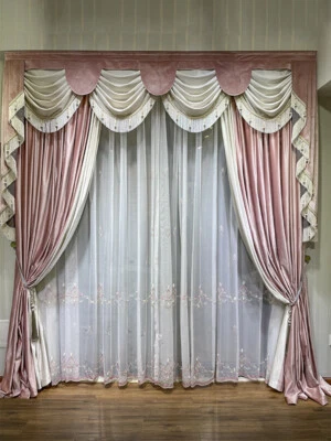 Cortina de tela de terciopelo empalme grueso beige franela francesa de lujo M1324 Foto 1 de 4