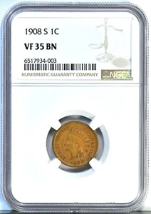 1908-S 1C Indian Head Cent NGC GRADED VF 35 BN Coin 2232 - Picture 1 of 2