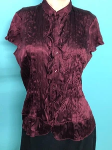 MOSSIMO Burgundy Crinkled Ruffled Cap Sleeve Button Down Fitted Blouse Shirt L - Picture 1 of 10