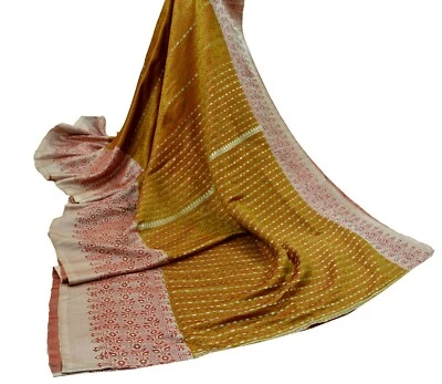 Vintage Sari Mustard Heavy Pure Satin Silk Hand Woven Brocade Sarees 5yd Ethnic - Image 1 of 4