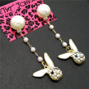 Betsey Johnson Crystal Bunny Rabbit Pearl Gold Drop Dangle Earring Free Gift Bag - Picture 1 of 3