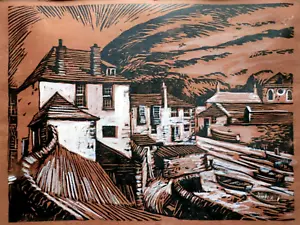 Limitierte Auflage signiert Frank McNichol Linolschnitt, Der goldene Löwe, Port Isaac, Cornwall - Bild 1 von 5