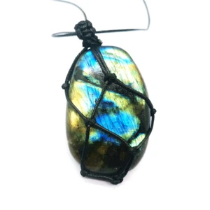 Hand-Woven Natural Moonstone Labradorite Pendant Necklace - Rough Stone Net Bag  - Picture 1 of 5