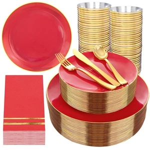 350PCS Red Plastic Plates - Disposable Red Gold Dinnerware Set for 50 Guests,... - Picture 1 of 7