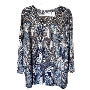 Alfred Dunner Wms 1X Blu Grigio Jersey Maglia Impreziosita Popover Tunica Blusa Glam - Foto 1 di 10