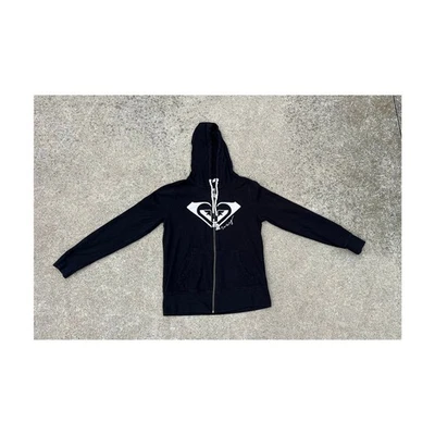 Suéter feminino Y2K Roxy tamanho grande preto com capuz zíper cordão moletom - Imagem 1 de 4