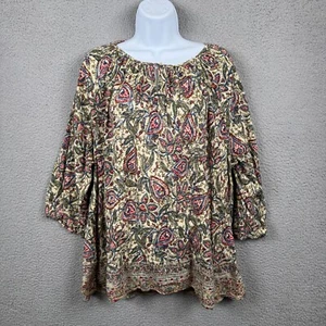 Chaps Top Womens 1X Beige Floral Paisley Puff Sleeve Cottagecore Prairie Peasant - Picture 1 of 10