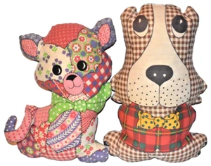 Vintage 1970's Cut N Sew Patchwork Kitty Cat & Plaid Puppy Dog Plush Toy Pillow - Picture 1 of 3