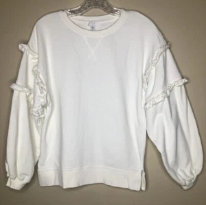 Time & True Sweatshirt Medium 8-10 Creme Off-White Rüschen Langarm Rundhalsausschnitt - Bild 1 von 8