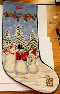 Land's End Needlepoint Stocking Embroidered Mike Snowmen Squirrel Snow - Picture 1 of 8