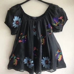 Bohemian Boho Blouse Black Embroidered 100% Silk Scoop neck Puff Sleeve S-XXL - Picture 1 of 8