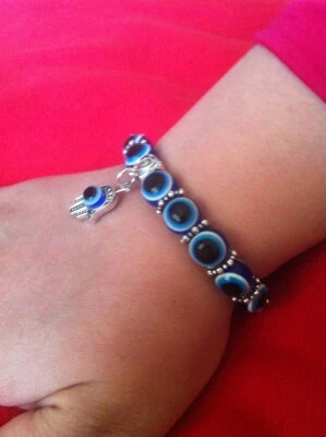 Blue Evil Eye beads Bracelet with Hamsa Handt Handmade ()* - Image 1 of 4