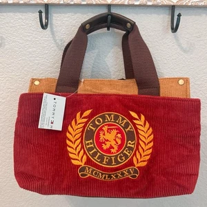 Vtg Y2K Tommy Hilfiger Small Red Tote Corduroy Satchel Bag Purse Embroidered - Picture 1 of 11
