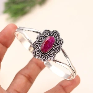 Lab Created Ruby Gemstone Handmade Jewelry 925 Sterling Silver Bangle - Picture 1 of 4