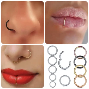 SURGICAL STEEL NOSE RING CLICKER SEPTUM HINGE SEGMENT FACE HOOP EAR LIP PIERCING - Picture 1 of 13