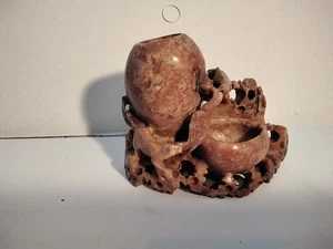 ANTIGUAS MACETAS CHINAS TALLADAS EN PIEDRA DE JABÓN CON PÁJAROS Y LEOPARDO - Imagen 1 de 9