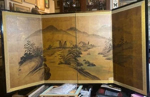 VTG Japanese 4 Panel Folding Screen Village Life Landscape 72” X 36” (36” X 18”) - Picture 1 of 24