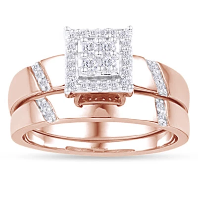 Conjunto nupcial con marco cuadrado de diamantes certificado 1/6 CT.T.T.W. en oro rosa de 10 quilates Foto 1 de 4