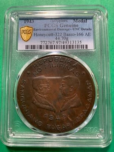 1943 FILIPPINE ALLORO MEDAGLIA BRONZO "BUSTI RIVOLTI" H-322 B-166 PCGS DETTAGLIO UNC - Foto 1 di 4