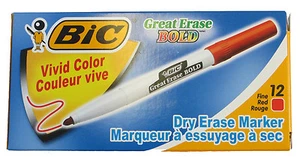 Bic Great Erase Bold Red Dry Erase F Pt Vivid Color Markers New 33062 12 Pens - Picture 1 of 1