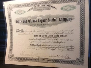 1909 Arizona Territory - Butte and Arizona Kupfer Mining Co. Lagerzertifikat - Bild 1 von 9