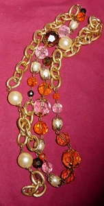 Long Chain Necklace Gold Tone Faux Pearl Plastic Crystals Orange Brown Green - Picture 1 of 3