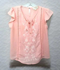 Camicetta donna Sweet Wanderer L ricamata rose chiffon maniche corte svolazzanti - Foto 1 di 10
