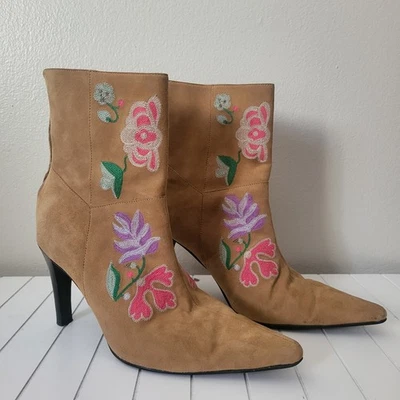 Y2K Floral Embroidered Tan Suede High Heel Calf Boots Size 6 1/2B Forest Fairy - Image 1 of 4