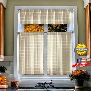 3pc Kitchen Curtain Set Nautical Ocean Plaid 1-Valance, 2-Tiers Natural Beige  - Picture 1 of 9