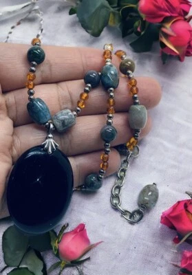 "Collar de plata de ley 925 ónix ágata ámbar 22"" firmado SSP" Foto 1 de 4