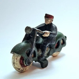 Original Vintage Cast Iron 3" Motorcycle And Rider With Cast Iron Wheels - Picture 1 of 12