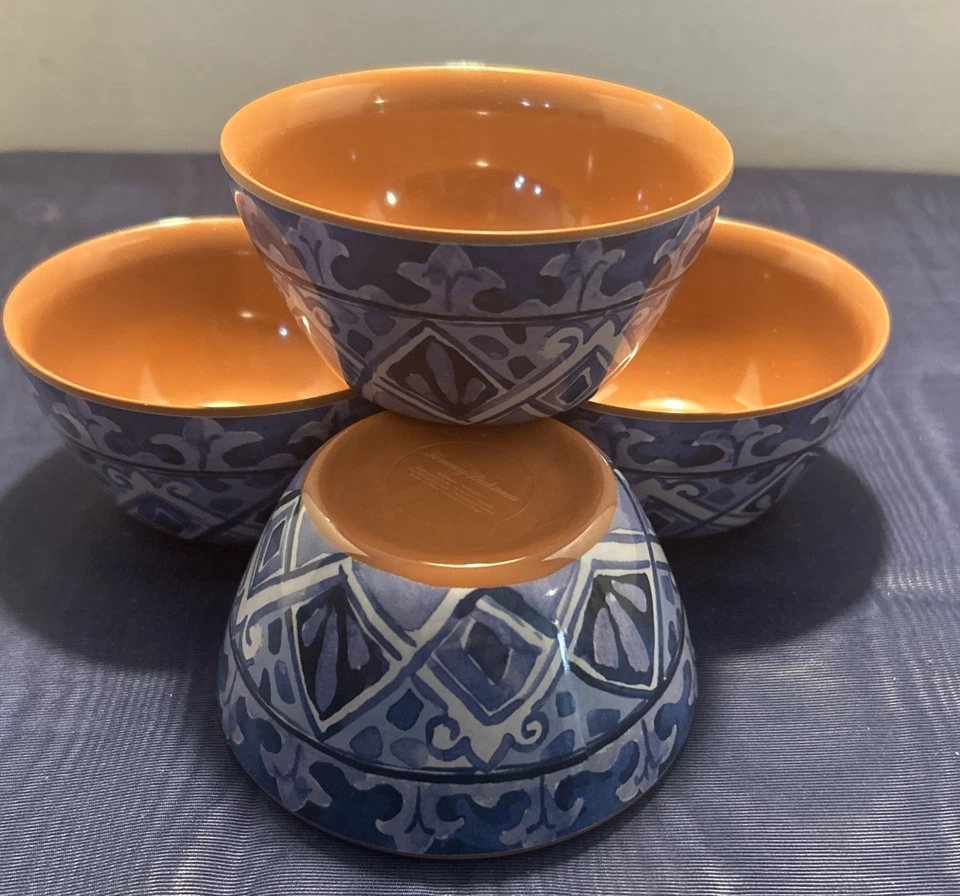 JUEGO 4 cuencos de salsa/aperitivos Tommy Bahama melamina MEDALLÓN AZUL azulejo terracota Foto 1 de 4
