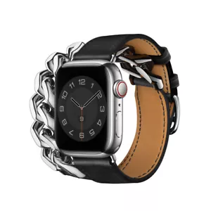 Stainless Steel Watch Chain Leather Strap for Apple Watch Ultra/SE/1-8 Band - Zdjęcie 1 z 23