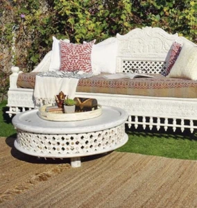Timber Bristol Carved Large Round Low Coffee Table Whitewash Vintage Boho Bali - Picture 1 of 9