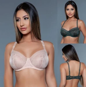 Womens Mabel Unlined Balconette Bra Plaid Sheer Mesh Wide stripe - Picture 1 of 16