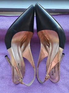 VTG 90s KATE SPADE NY GOLD BLACK ITALIAN LEATHER SLINGBACKS 3 1/4" FREE SHIPPING - Picture 1 of 4