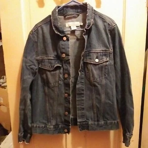 H&M LOGG Denum Jacket Woman Size Medium Blue Jean Button-Front Distressed - Picture 1 of 21