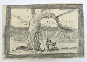 Man Relaxing Under Tree Fishing Vintage Folk Art Drawing Original 6x9” - Picture 1 of 9