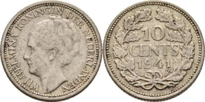 Niederlande 10 Cent 1941 Wilhelmina Silber 1,4 g Original Münze #WKF102 - Bild 1 von 1