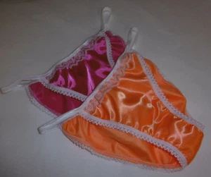 2 Shiny SATIN TANGA string bikini brief PINK & ORANGE Ivory Lace SIZES XS-XXL - Picture 1 of 3