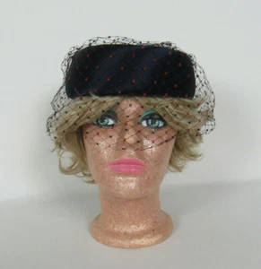 VTG 1940s 50s THE GRAY SHOP PILL BOX HAT DEEP BLUE SILK SATIN WOOL RED NETTING - Picture 1 of 12